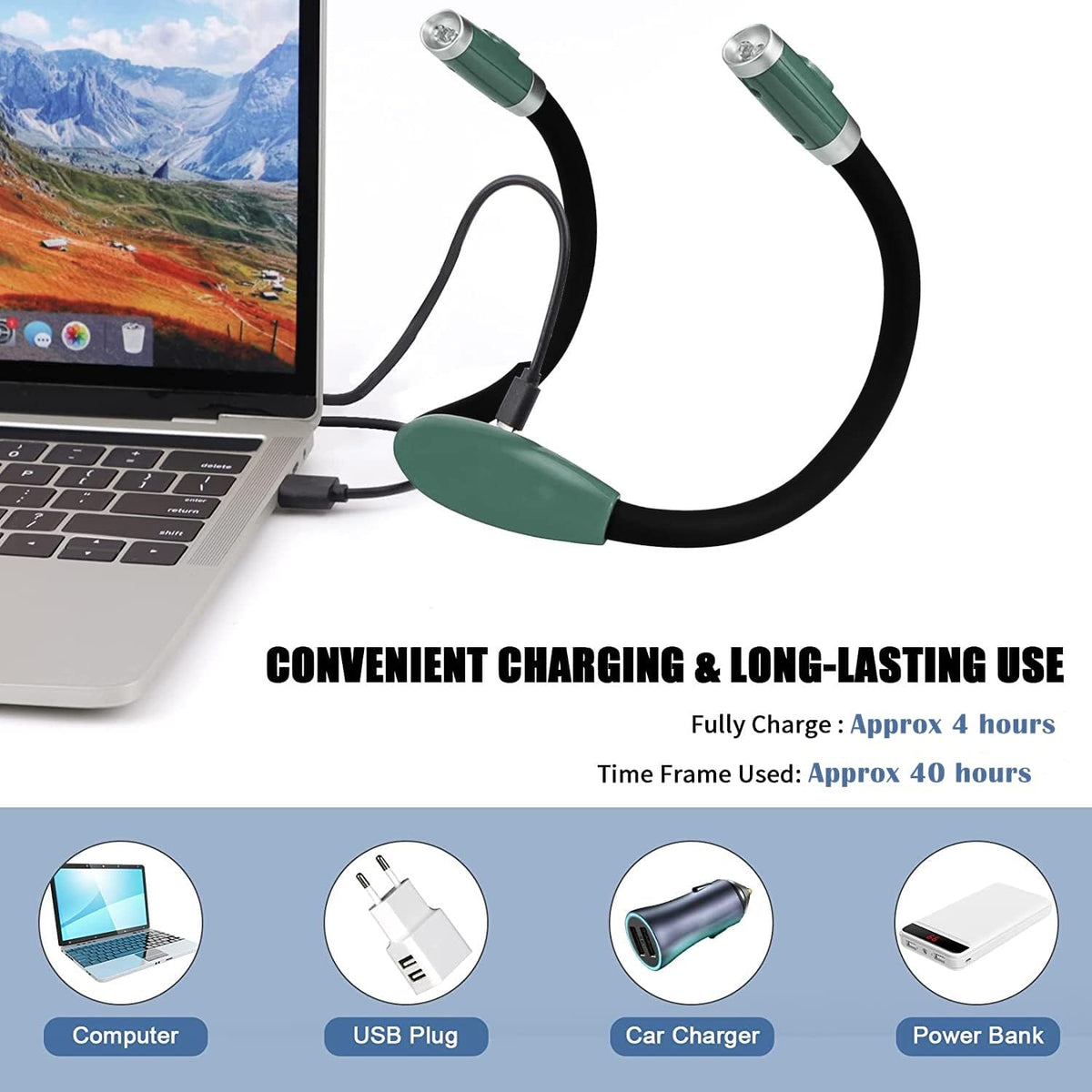 Rechargeable 4 LED Neck Reading Light, Book Lights for Reading in Bed, 3 Brightness Levels, Bendable Arms, Long Lasting. Perfect for Reading, Craft & Knitting (Army Green)