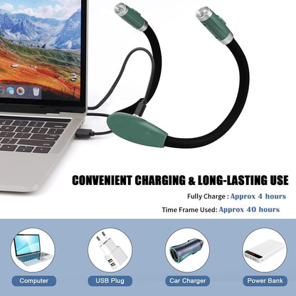 Rechargeable 4 LED Neck Reading Light, Book Lights for Reading in Bed, 3 Brightness Levels, Bendable Arms, Long Lasting. Perfect for Reading, Craft & Knitting (Army Green)