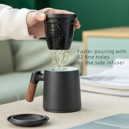 ZENS Tea Mug with Infuser and Lid for Loose Leaf Tea Steeper, 16.9oz Moss | Embossed Ceramic Tea Cup with Infuser for Herbal Tea Difussers, Tea Lovers Gifts, Nature Wood Handle