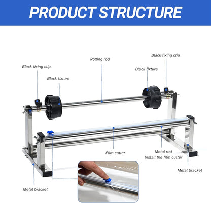 Plastic Wrap Dispenser with Cutter, 4.0-17 inch Stretch Wrap Dispenser, Manual Stretch Film Dispenser, Stainless Steel Plastic Wrap Dispener, Predrilled Holes for Table Wall Floor Mount