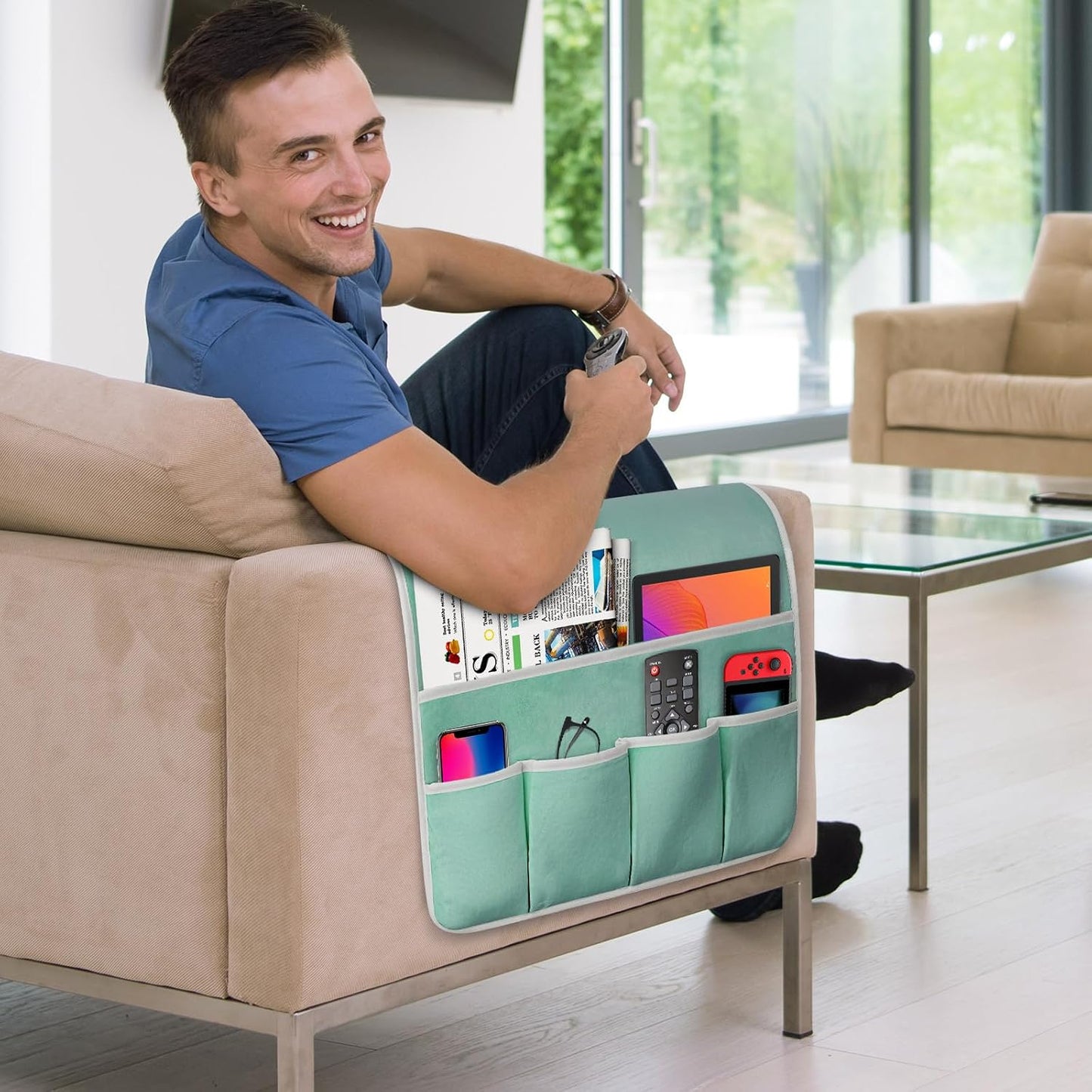 Remote Control Holder for Armchair Caddy, Remote Holder with 5 Pockets | Couch TV Remote Holder with Non-Slip Base, Bedside Caddy Organizer for Key Glasses Phone Magazine (Blue, 35"x12.4")