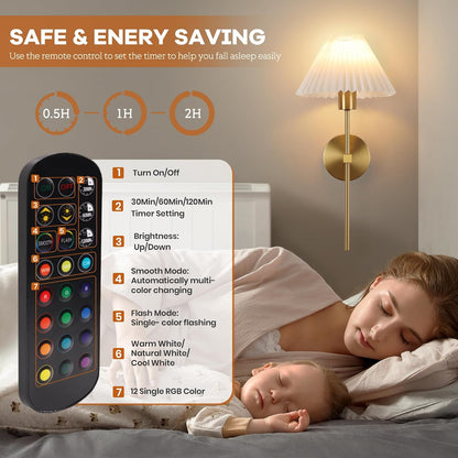 Rechargeable Battery Operated Wall Sconce Sets of 2, 15 Colors Wireless gooseneck Black Wall Lights Fixture with Dimmable Bulbs and Remote, Not Hardwired Wall Mounted Lamps for Bedroom Living Room