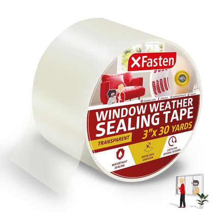 XFasten Transparent Window Weather Stripping Tape 2”x30yds (3-Pack Total 90yds), No Residue Insulation Tape for Windows and Doors, Winter Window Seal