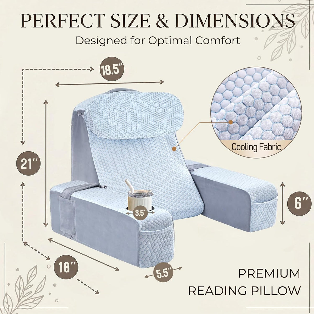 21 INCH Reading Pillow for Adults, Back Pillow for Bed Sitting Up, Backrest Pillow for Sitting in Bed, Detachable Arms with Built-in Cup & Phone Caddy (Gray, 21 INCH)