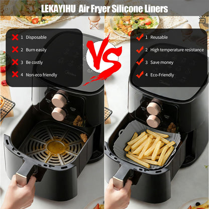 2 Pack Air Fryer Liners,8 Inch Silicone Airfryer Liners,Air Fryer Accessories,Reusable Baking Tray Oven Accessories,Replacement of Flammable Parchment Paper (Red Blue) (Black&Red&Blue)