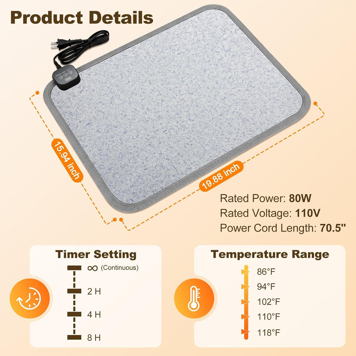 Foot Warmer Under Desk - 15.9x19.9in Heated Floor Mat 110V Adjustable Temperature Electric Heater with Timer for Office Home, Heating Pad for Cold Feet (Brown Wood)