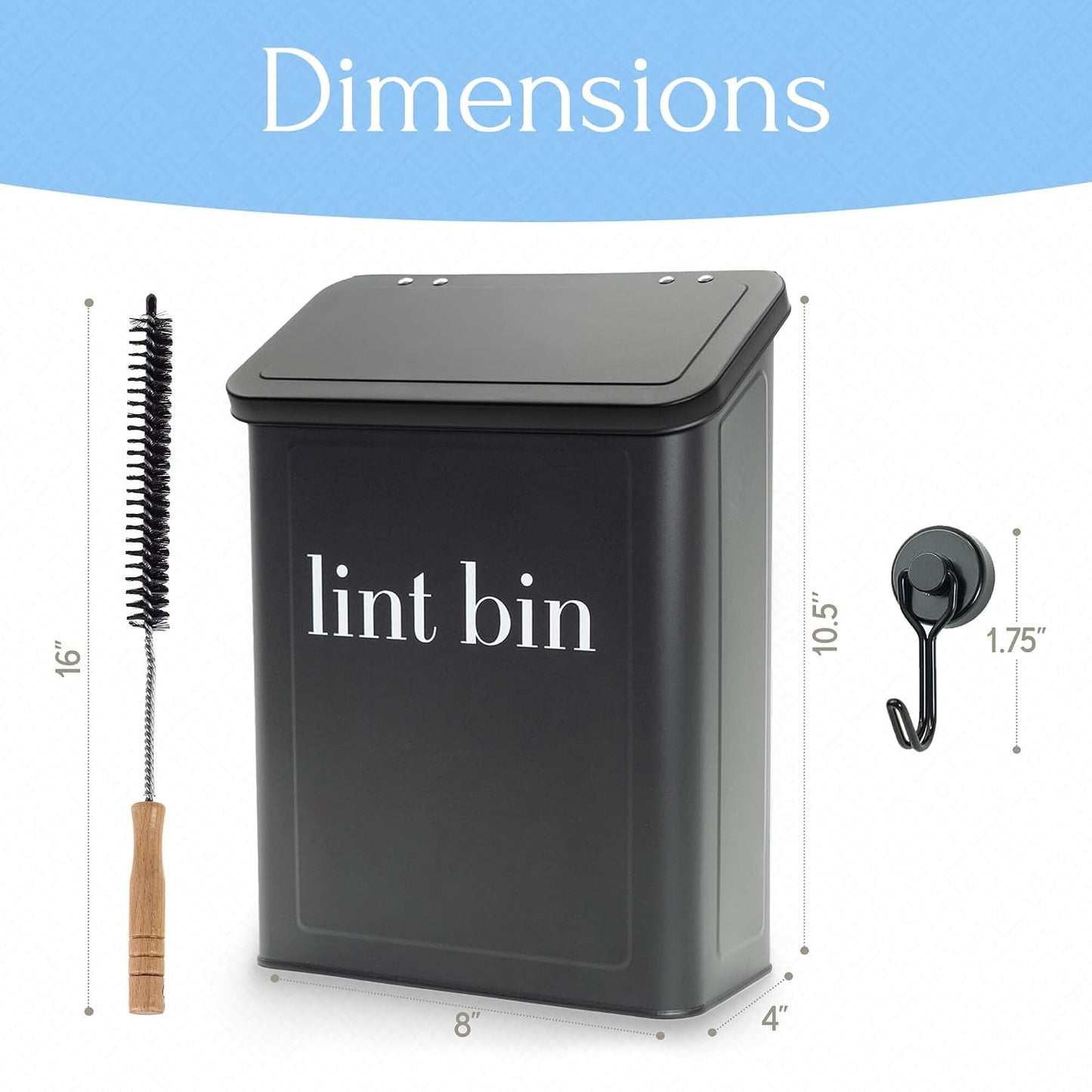 Magnetic Laundry Lint Bin for Dryer | Wall-Mounted Small Trash Can for Laundry Room | Includes Magnetic Hook & Lint Brush | Space-Saving Magnetic Laundry Trash Can | Matte White