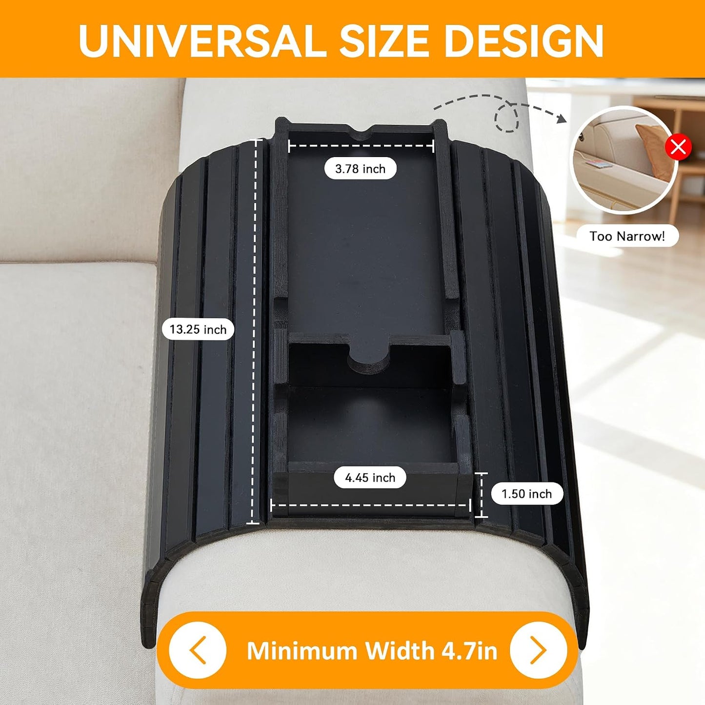 GEHE Bamboo Couch Cup Holder, Anti-Spill Sofa Arm Tray, Natural and Easy to Clean Couch Arm Cup Holder Armrest Tray Perfect for Cups, Beers, Snacks, Remote Control, Drinks