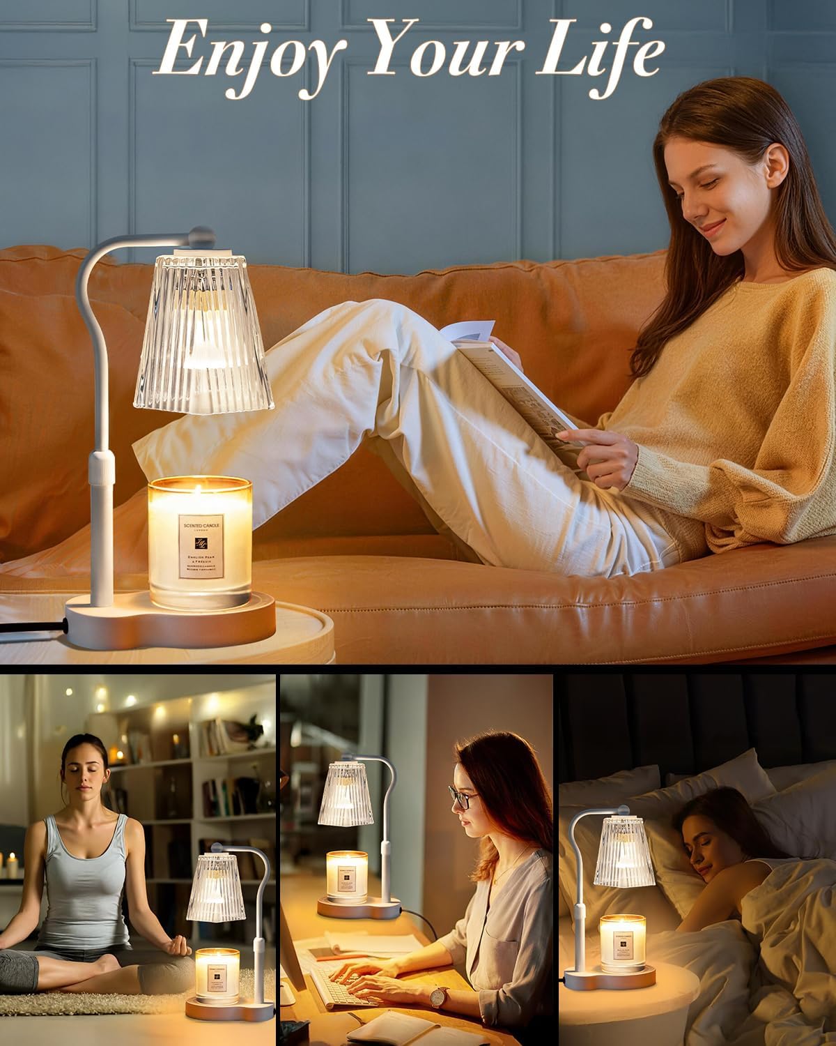 Candle Warmer Lamp with Timer & Dimmable Settings, Adjustable Height Flameless Scented Wax Melter for Jar Candles, Elegant Home Decor Warmer Lamp with 2 Bulbs, Gift for Women Mom Friend Family, White