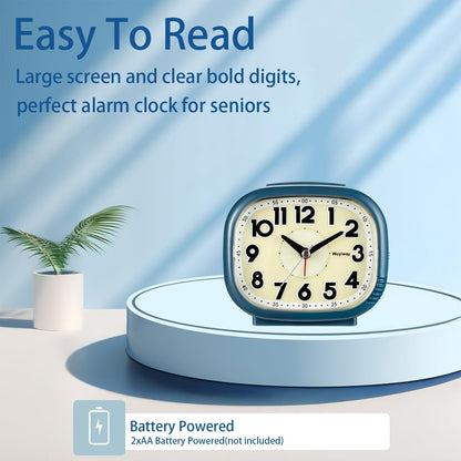 Vintage Retro Analog Alarm Clock, Battery Operated, Readable for Seniors，Silent No Ticking, Glow in Dark Dial, Lighted on Demand and Snooze, Blue, 4.7" x 3.9" x 2.7"