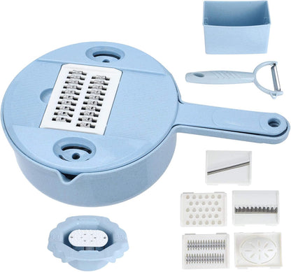 Food Shredder, Manual Vegetable Cutter Potato Grater Food Chopper with 4 Interchangeable Blades Storage Container Finger Guard Wheat Straw PP Kitchen Accessory for Home Meal Prep
