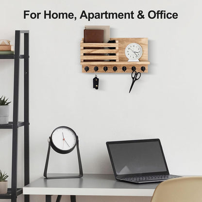 Lwenki Key Holder for Wall – Decorative Wooden Mail Holder and Key Shelf with Mounting Hardware, Installation Guide – Paulownia Wood with Metal Key Hooks (Black, Large - 11.8inch)