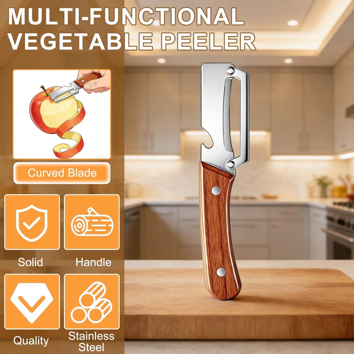 2 PCS Multi-Functional Vegetable Peeler for Kitchen, 2 in 1 Stainless Steel Vegetable Peeler with Wooden Handle and Bottle Opener, Kitchen Tool for Vegetables or Fruits that Need to Be Peeled