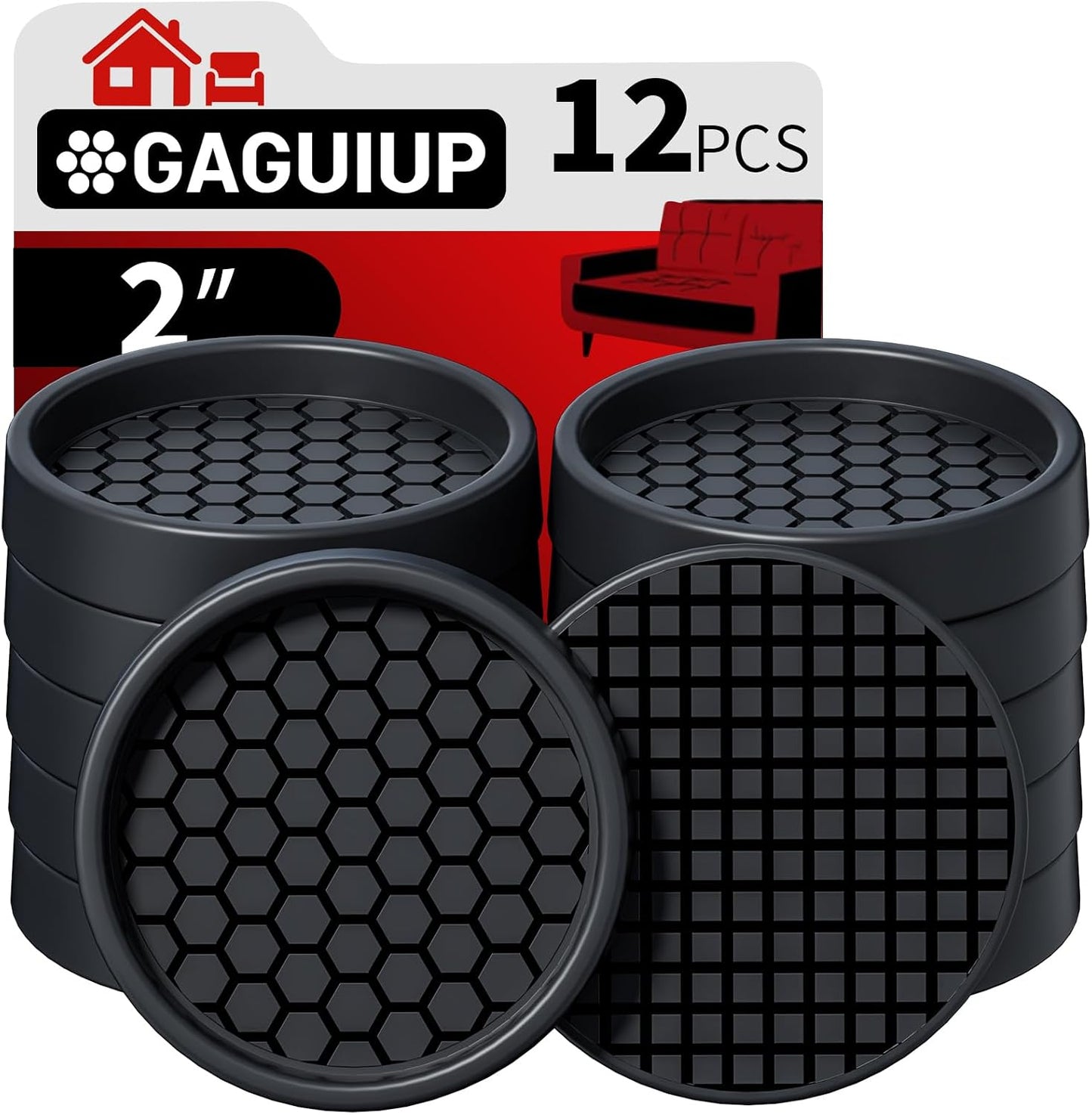 Non Slip Furniture Pads for Hardwood Floors - 12PCS 2" Caster Cups, Round | Furniture Stoppers to Prevent Sliding, Anti Slip Furniture Coasters Cup, Floor Protectors for Furniture Bed Couch Chair,Black