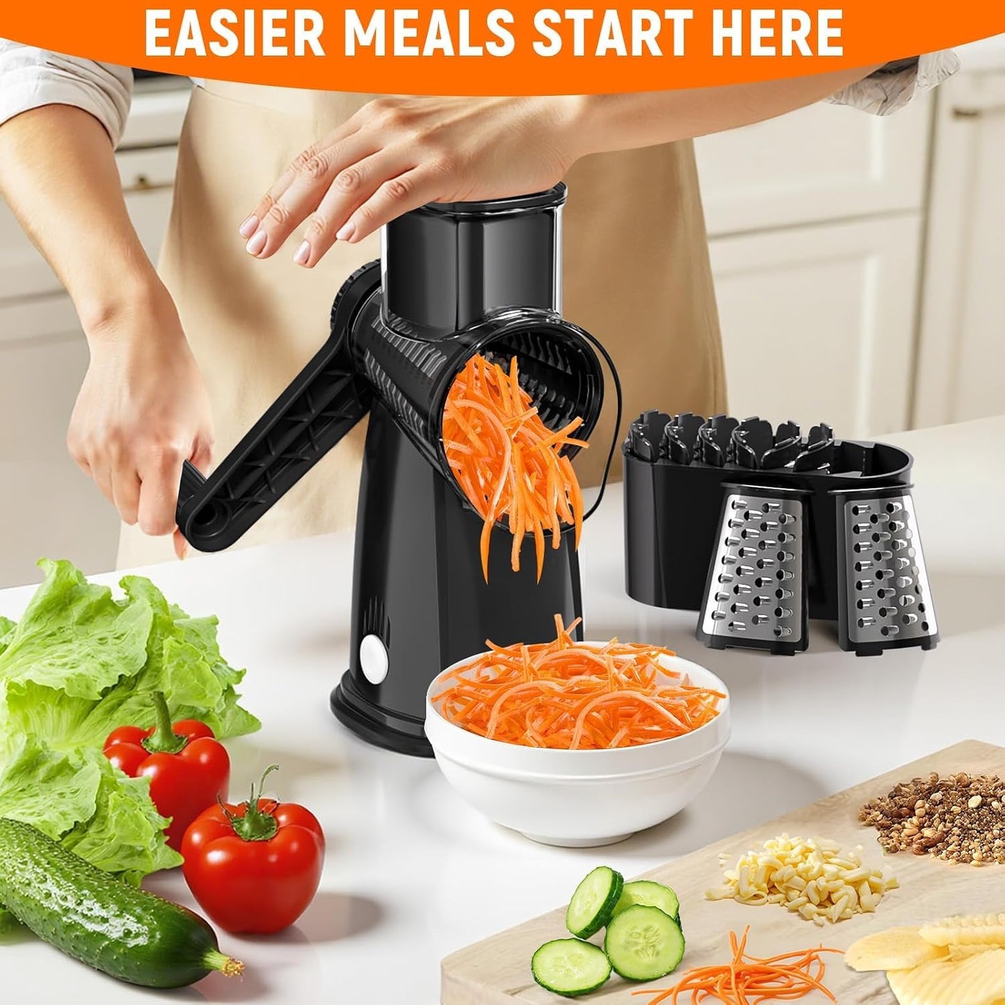 Rotary Cheese Grater Hand Crank with 5 Interchangeable Blades, Vegetable Slicer Chopper for Fruit Vegetable Nuts, Mandoline Slicer for Kitchen with Blades Rack & Suction Base, White