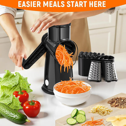 Rotary Cheese Grater Hand Crank with 5 Interchangeable Blades, Vegetable Slicer Chopper for Fruit Vegetable Nuts, Mandoline Slicer for Kitchen with Blades Rack & Suction Base, White