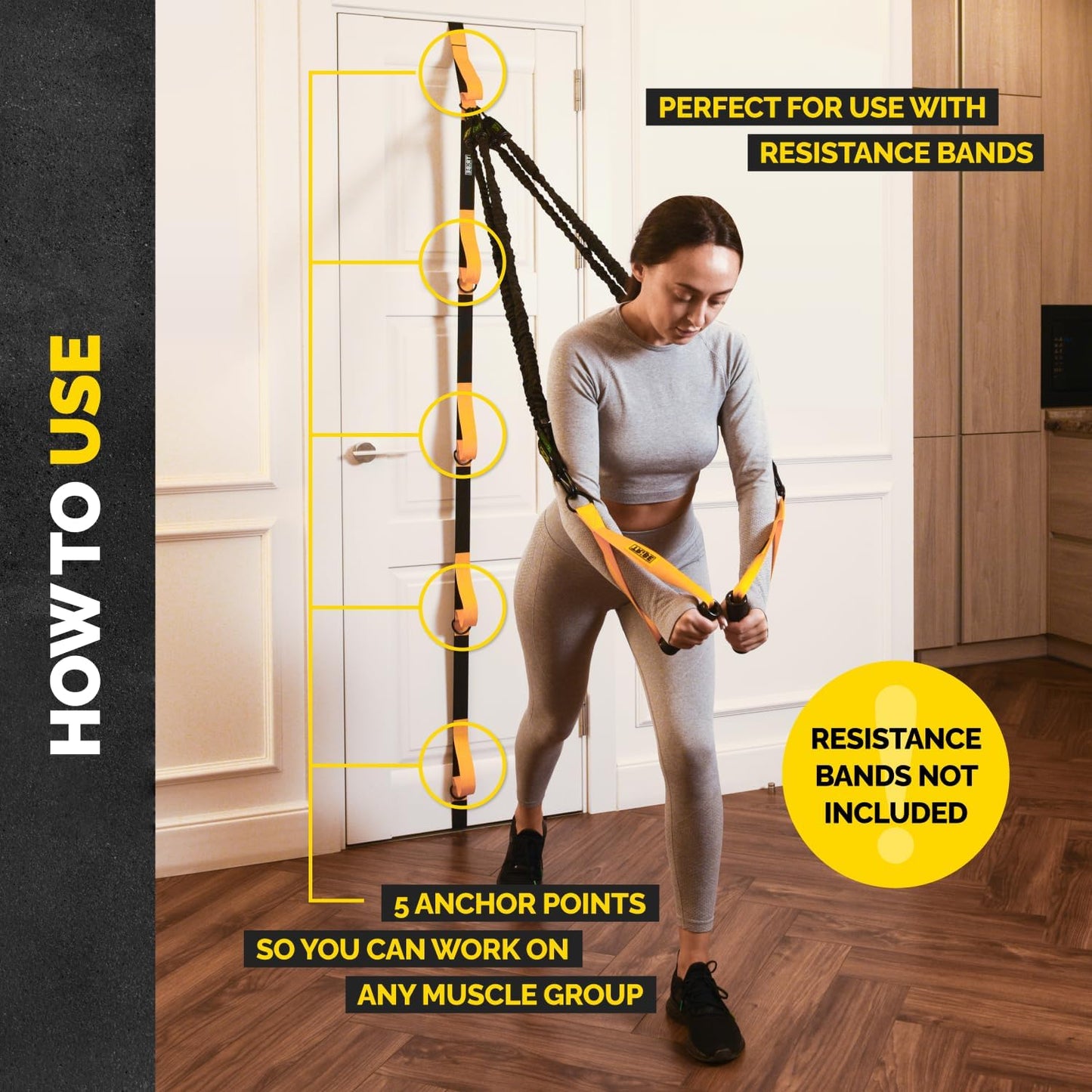 Door Anchor Strap for Resistance Bands with 5 Loops and Metal D-Rings | Fits most doors and resistance bands, 5 anchor points, reinforced nylon, tool-free setup, full-body workout versatility