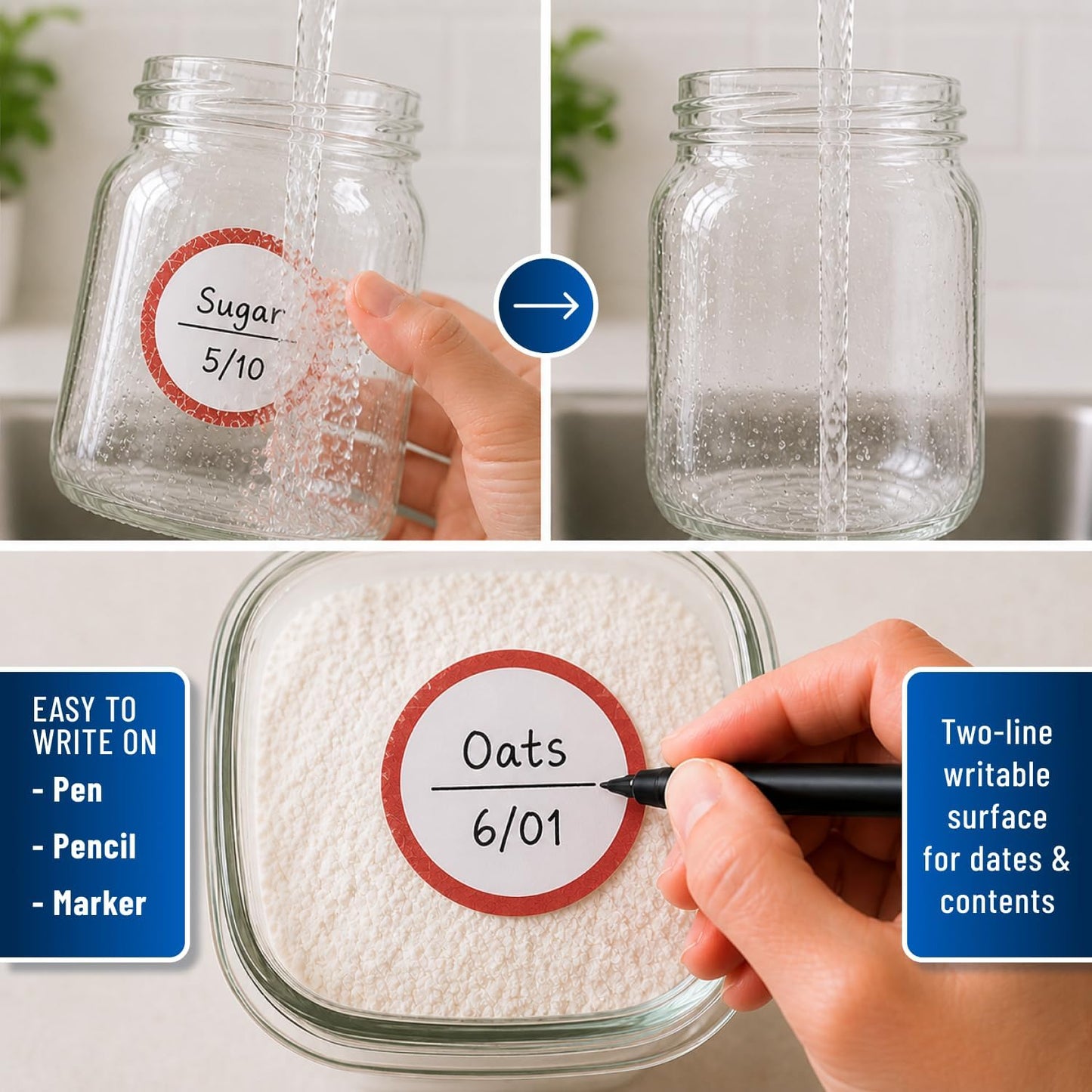 Water Soluble Labels for Food Containers – Dissolvable Kitchen Labels – No Sticky Residue – 2" Diameter, Two-Line Writable Surface, 200 Labels Per Roll (Purple)