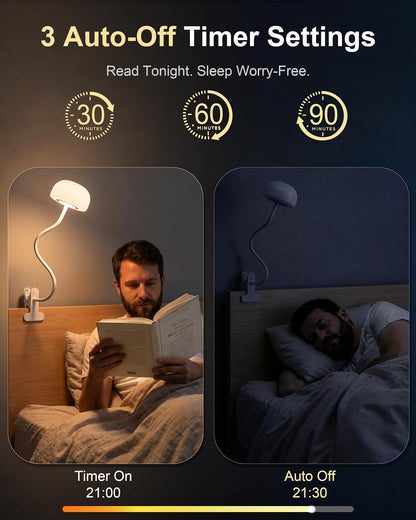 Clip on Light for Bed, Headboard Reading Lamp, Dorm Room Essentials | Flexible Mushroom Desk Lamp, Top & Bottom Lighting, 3 Colors Modes+670nm Red Light LEDs, 5 Brightness,Timer, Adapter Included