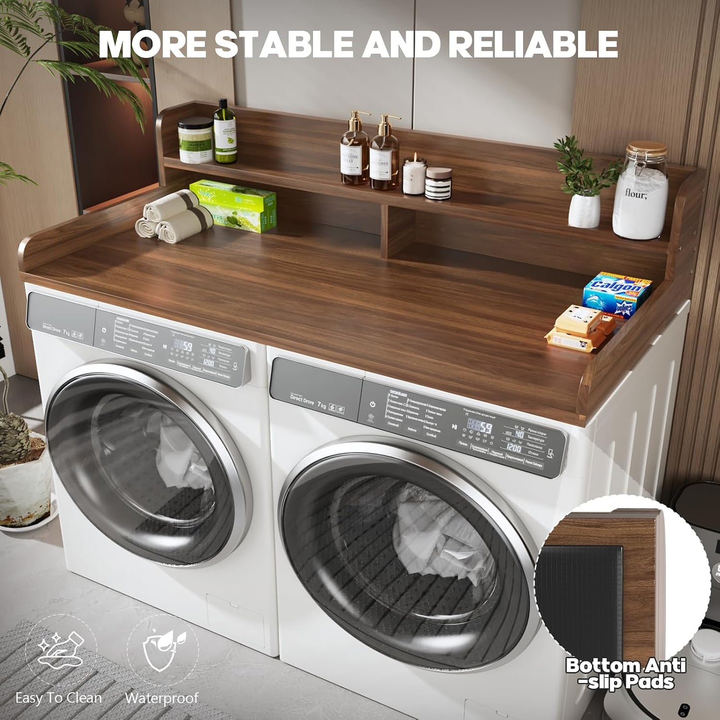 2-Tier Washer and Dryer Countertop with 2.75" H Guard,54" W x 27.5" D Laundry Countertop Cover with Non-Slip Pad,Large Space Laundry Topper for Folding Clothes Over Washer and Dryer-White
