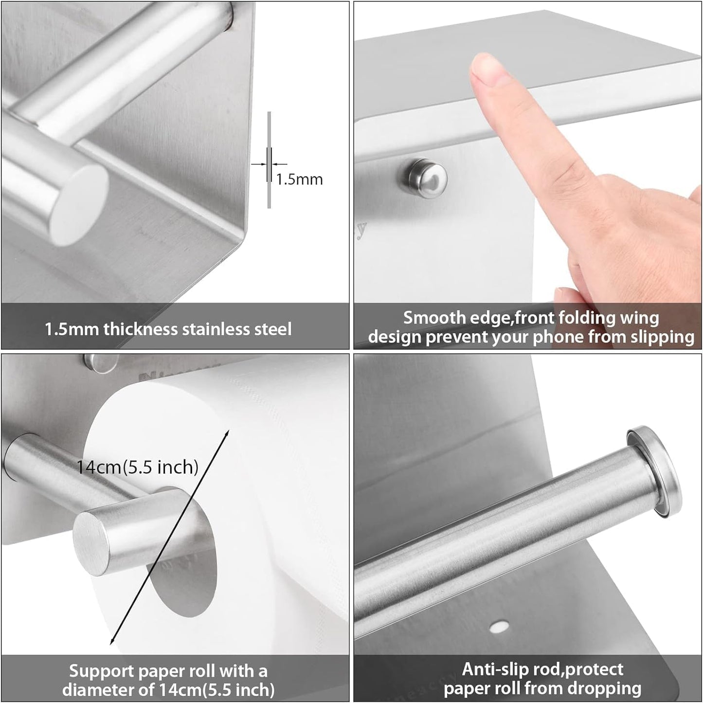 WDFAACK Chrome Toilet Paper Holder with Shelf for Extra Storage, 2-in-1 Wall Mounted Bathroom Tissue Stand for Cell Phone and Small Items
