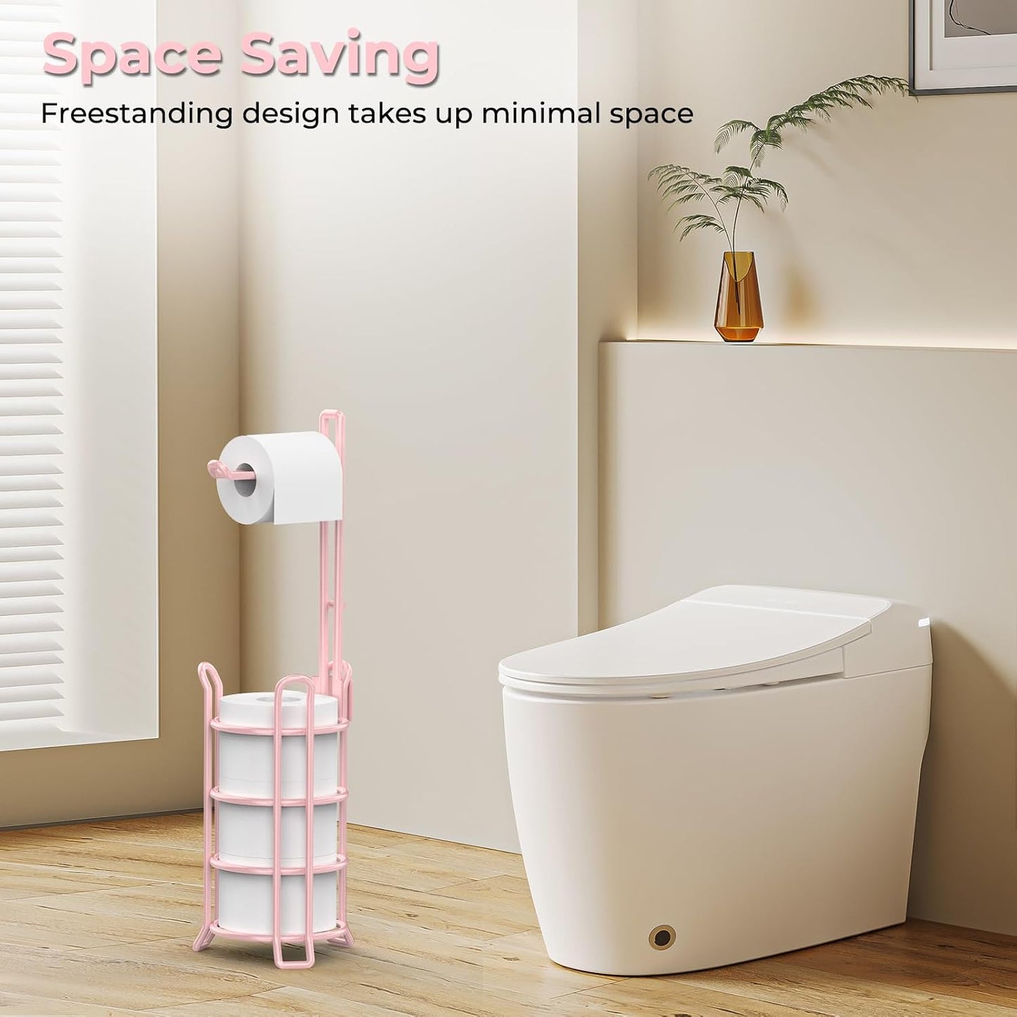 TomCare Toilet Paper Holder Free Standing with Shelf, Stable 4 Raised Feet | Stores 4 Mega Rolls, Tool-Free Assembly, Powder-Coated Metal Frame, Bathroom Storage Organizer for Spare Rolls, Silver