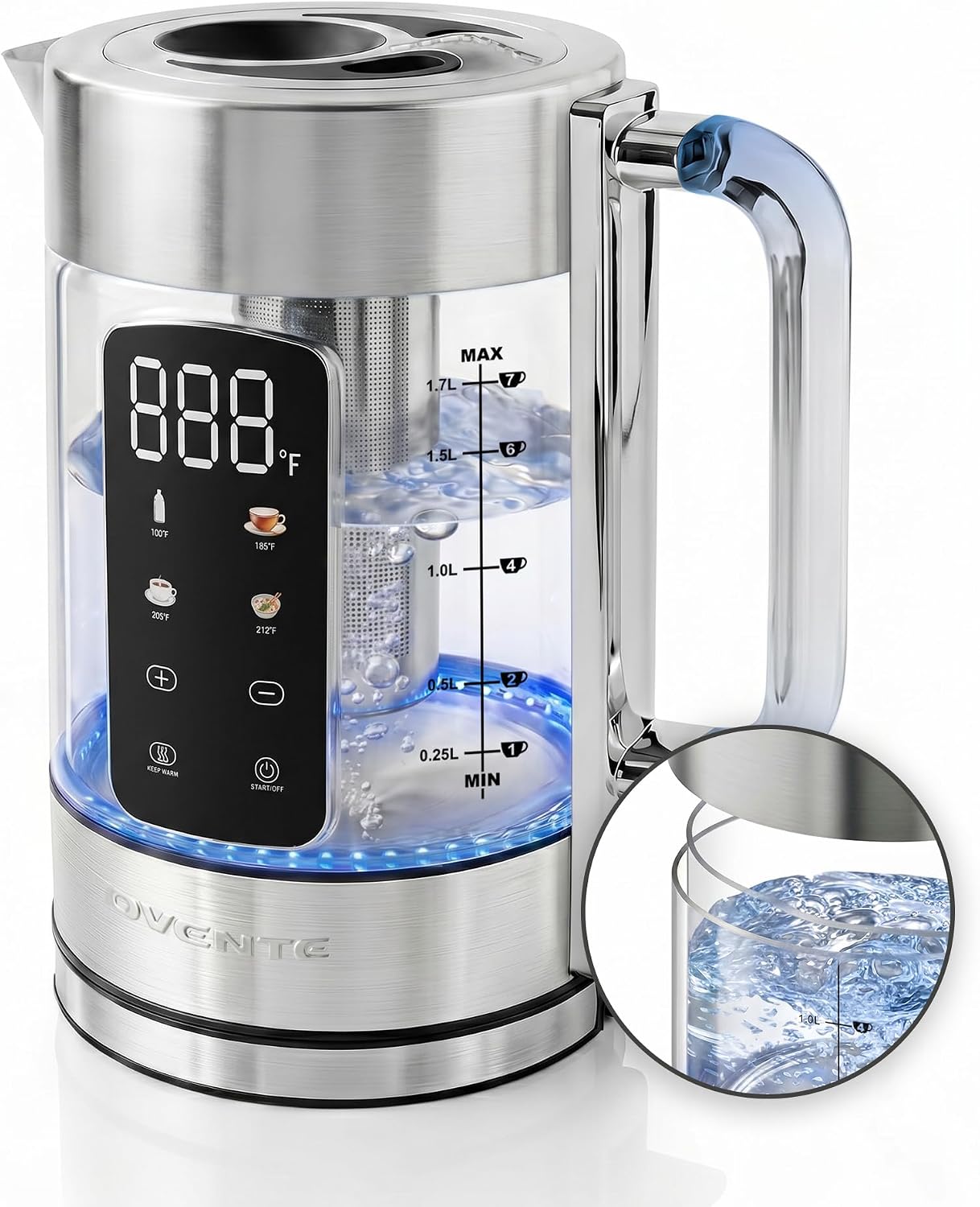 OVENTE 1.8L Glass Electric Kettle with Tea Infuser, Silver KGD752S | 1500W Fast Boiling, Easy Fill Lid, 7 Temperature Control, Keep Warm, Digital Display, Auto Shut-Off, Boil-Dry Protection
