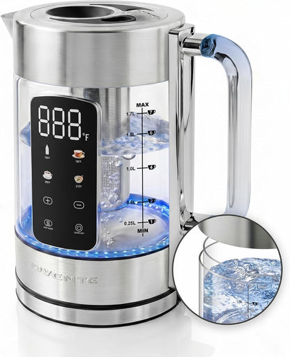 OVENTE 1.8L Glass Electric Kettle with Tea Infuser, Silver KGD752S | 1500W Fast Boiling, Easy Fill Lid, 7 Temperature Control, Keep Warm, Digital Display, Auto Shut-Off, Boil-Dry Protection