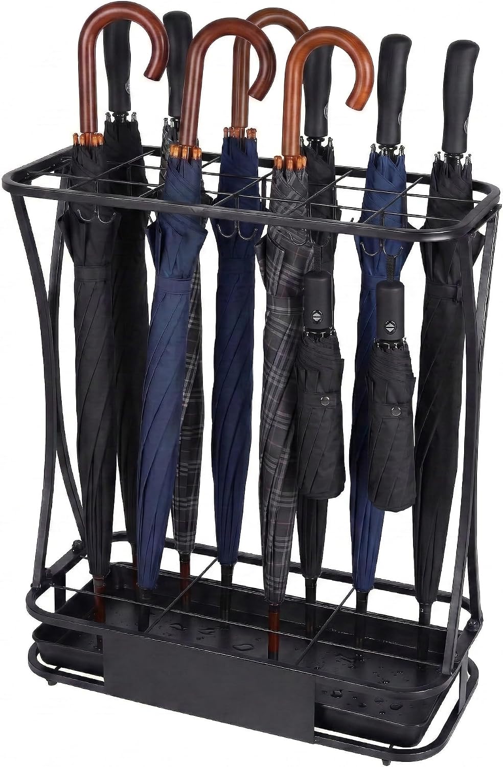 15 Slot Umbrella Stand with 8 Hooks – Heavy Duty Metal Indoor Umbrella Rack Holder with Removable Drip Tray – Large Commercial Entryway Organizer for Office, Lobby or Home