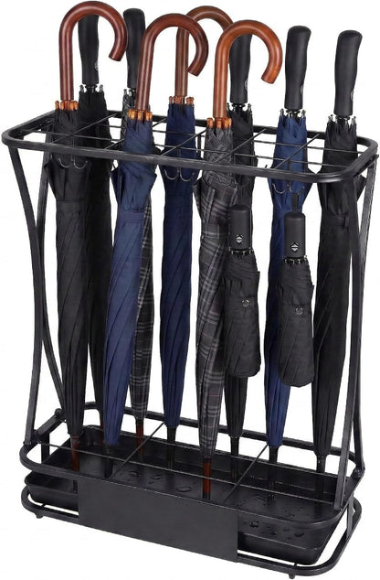 15 Slot Umbrella Stand with 8 Hooks – Heavy Duty Metal Indoor Umbrella Rack Holder with Removable Drip Tray – Large Commercial Entryway Organizer for Office, Lobby or Home