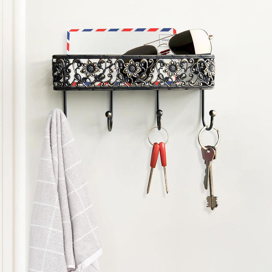 Key Holder for Wall，Vintage Metal Key and Mail Holder Wall Mount, Decorative Entryway Key Rack with Hooks for Keys, Mail, Hats, Bags