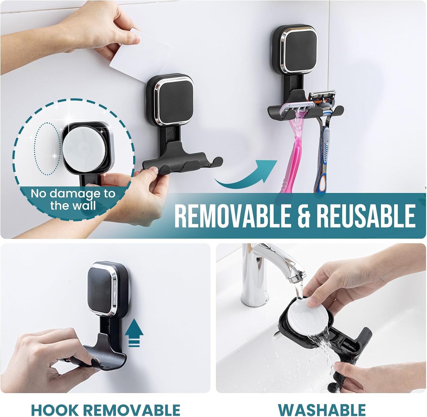 TAILI 2 Pack Upgraded Suction Cup Razor Holder for Shower Waterproof, Black | Visible Safety Indicator, Rust-Resistant Bathroom Organizer, No-Drill Glass Shower Wall Hook for Towel,Loofah,Razor,Squeegee