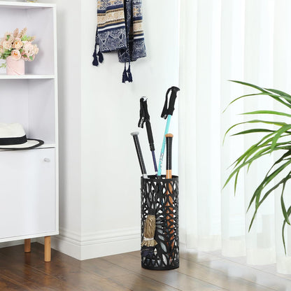 SONGMICS Umbrella Stand, Umbrella Holder for Entryway, Steel Square Umbrella Rack Organizer Freestanding, for Canes Walking Sticks, with a Detachable Drip Tray, 4 Hooks, Black ULUC026B33