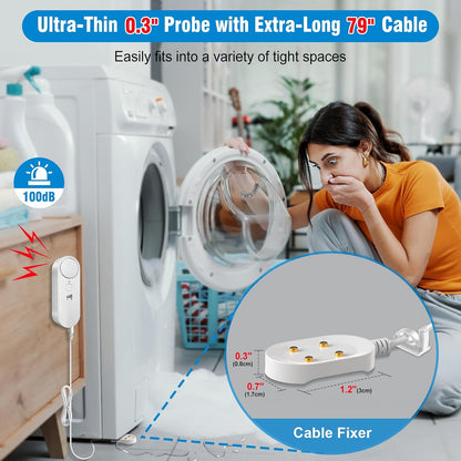 Water Leak Detectors 2 Pack, 100 dB Sump Pump Alarm, 78 Inch Cable | Drip and floor flood detection, high water alert for sump pits, 4 volume levels, water heater and washer areas, no WiFi