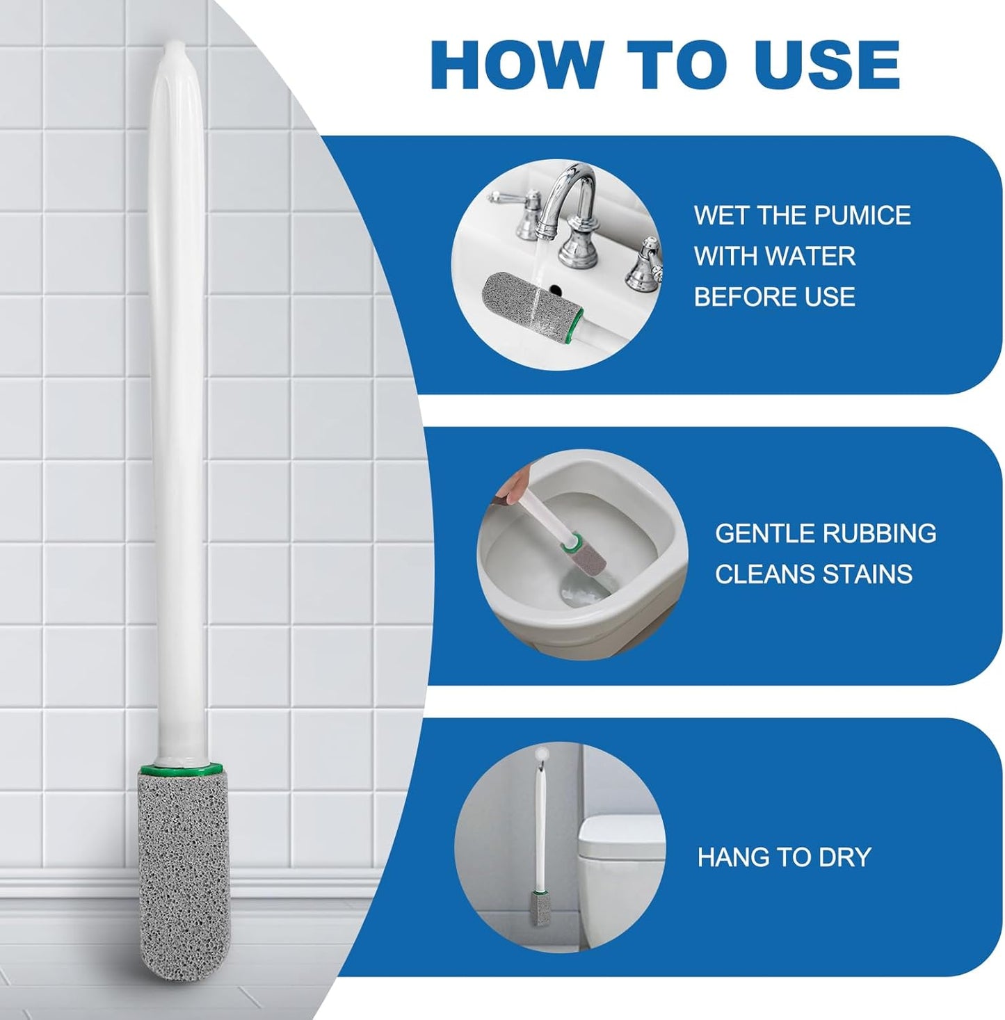 Pumice Stone Toilet Bowl Cleaner with Handle, 1 Wand + 6 Pumice Stones, Clean Hard Water Stains and Rust, Suitable for Toilets, Sinks, and Grills