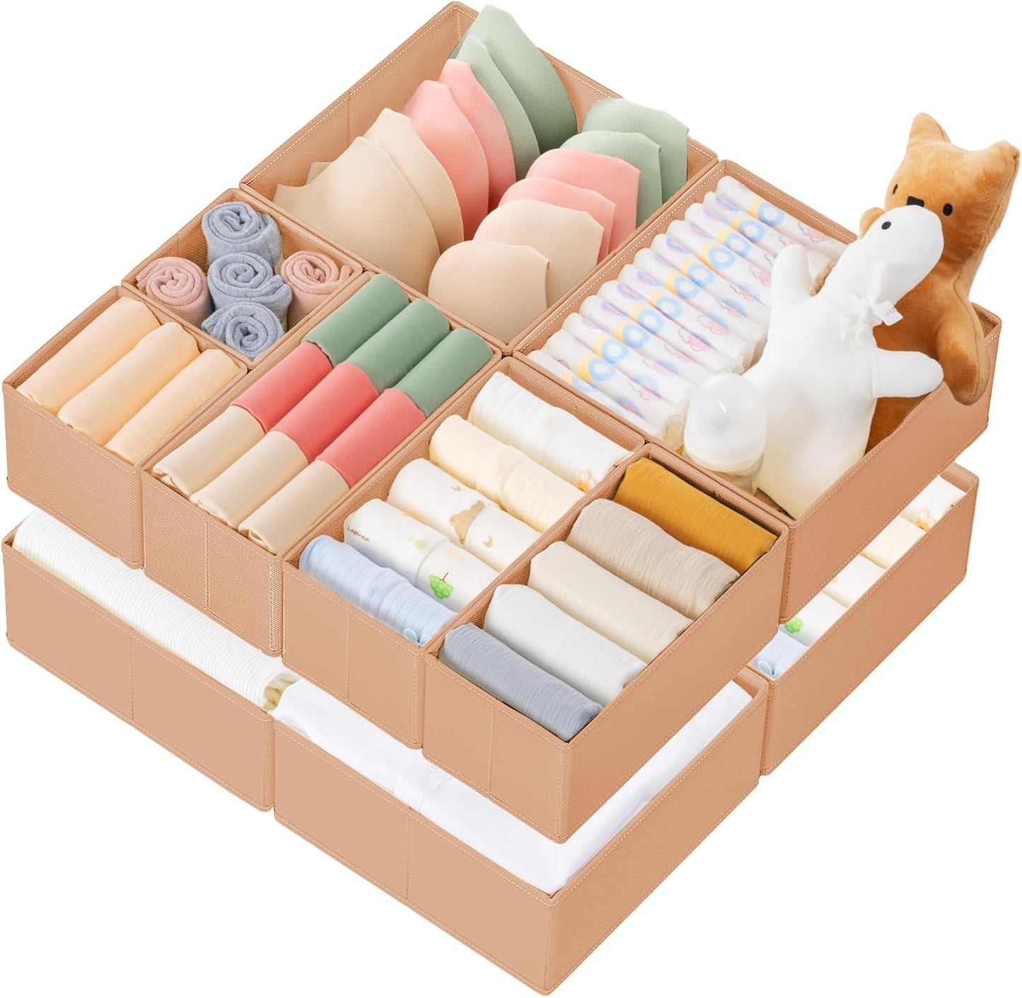 Drawer Organizer Clothes, 10 Pack Dresser Organizer for Baby Clothes, Underwear, Sock- Foldable Closet Organization and Storage Dividers Bins for Nursery, Bedroom (Beige)