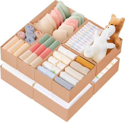 Drawer Organizer Clothes, 10 Pack Dresser Organizer for Baby Clothes, Underwear, Sock- Foldable Closet Organization and Storage Dividers Bins for Nursery, Bedroom (Beige)