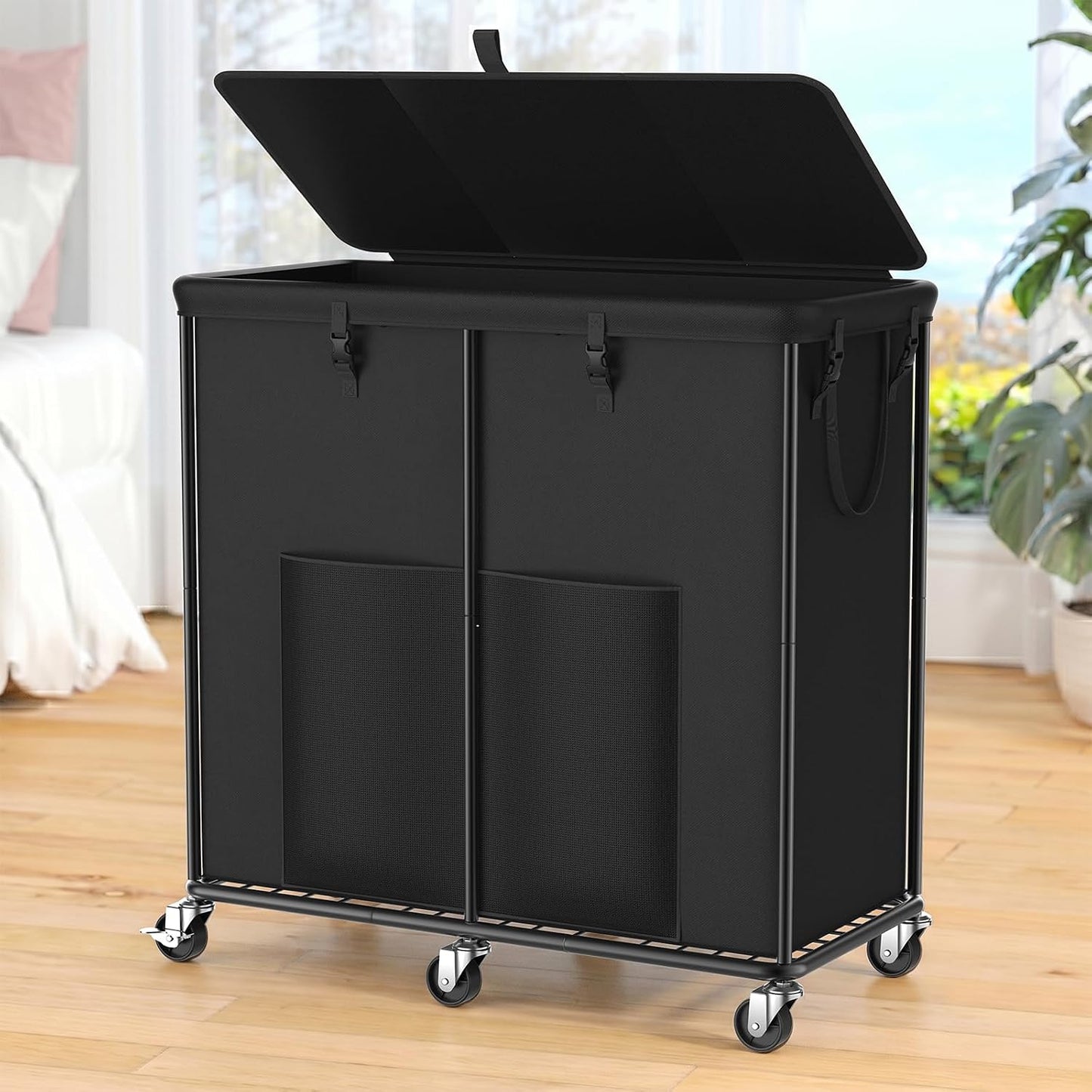 Laundry Hamper with Wheels, 150L Rolling Laundry Basket with Bag & Handles | Sturdy Metal Frame | Removable Bag | Large & Tall Dirty Clothes Hampers for Laundry Room, Bedroom, Dorm, Bathroom-Black