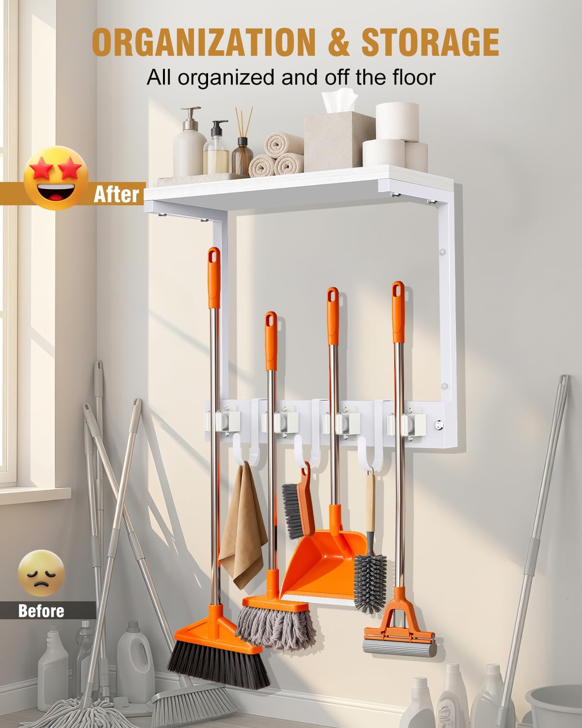 Large Broom Holder Wall Mount with Shelf, Vacuum Organizer, 5 Slots 5 Hooks | Black, 3-In-1 Wall Mount Stores Brooms/Mops/Vacuum, Cleaning Supplies With 5 Grippers/5 Hooks And A Sturdy Wooden Top Shelf