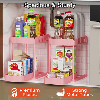 2 Packs Under Sink Pull-Out Storage Organizers, 12.8 Inches, Black | Multi-Purpose Cabinet Organizers and Storage for Bathroom & Kitchen