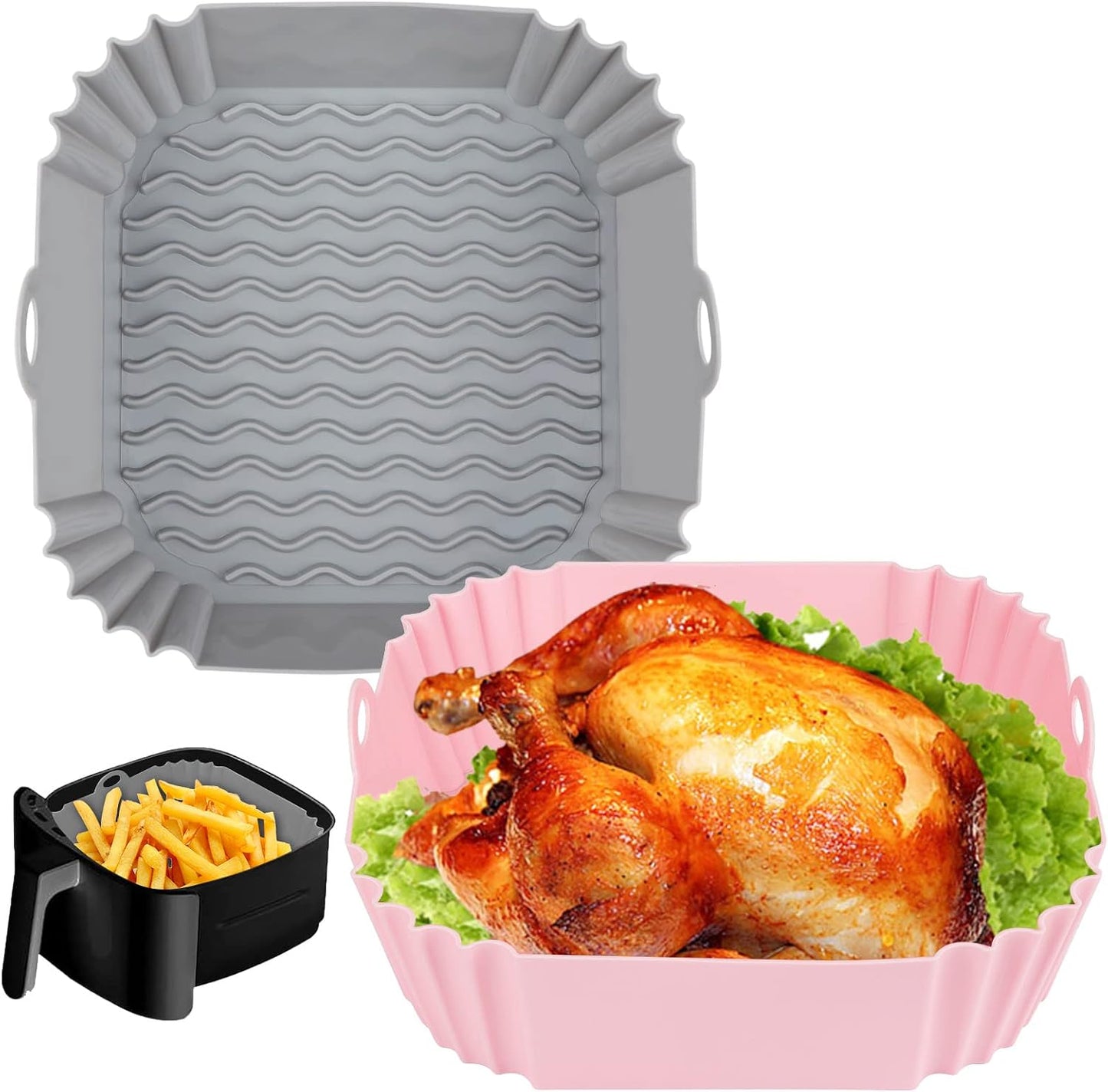 Boribim 2 PCS Square Silicone Air Fryer Liners - 8 Inch Reusable Air Fryer Pot - Air Fryer Accessories - Air Fryer Inserts for 4 to 7 QT Oven Microwave Accessories (Red + Blue)