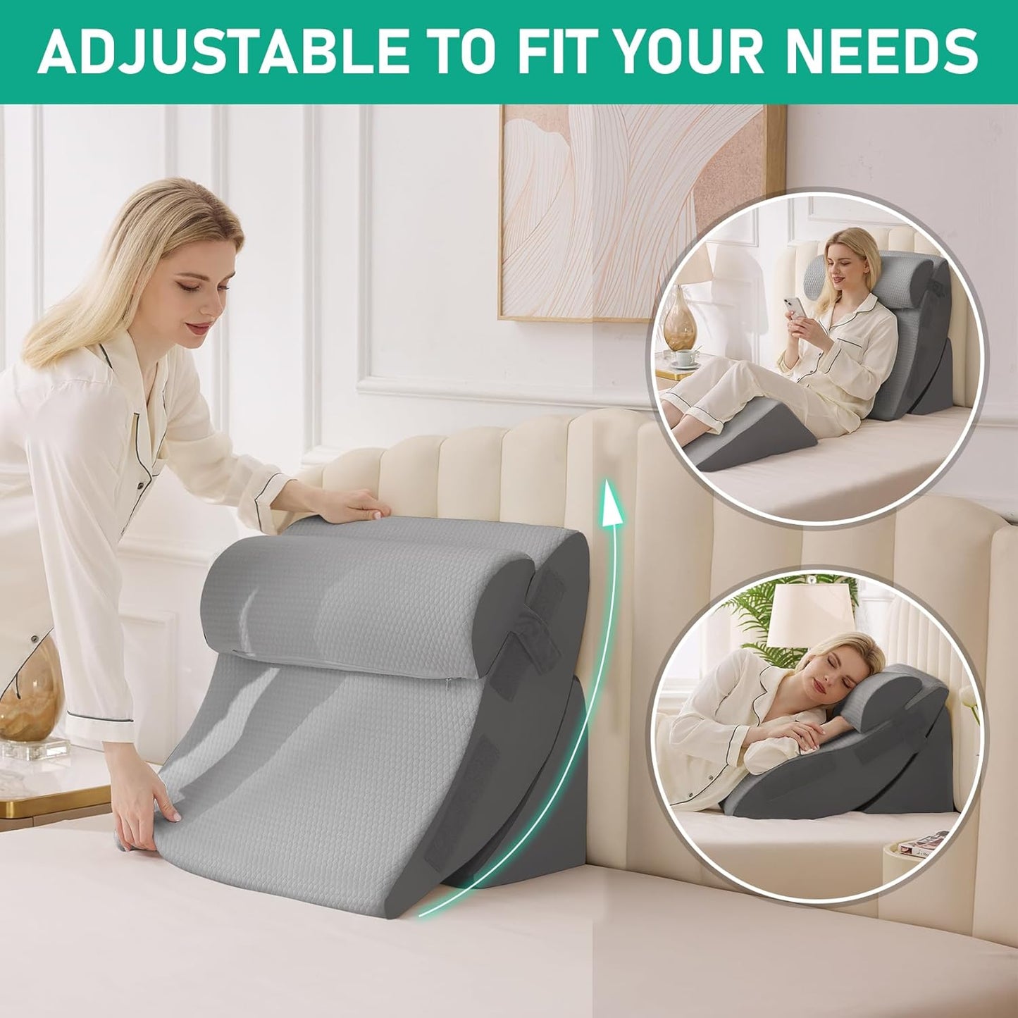 4PCS Wedge Pillow Set for After Surgery, Orthopedic Bed Wedge Pillow for Back Pain Relief, Sitting Up in Bed, Acid Reflux, Adjustable Post Surgery Pillows for GERD, Snoring, White/Grey