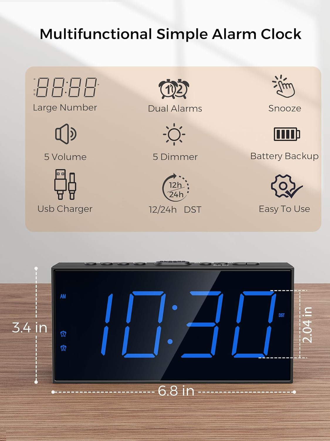 Vibrating Alarm Clock for Heavy Sleepers – Loud Bed Shaker, Dual Alarms with Weekday/Weekend Mode, 3 Vibration Levels, 5-Volume & Dimmer, Large Display, USB + Battery Backup – Deaf & Hearing-Impaired