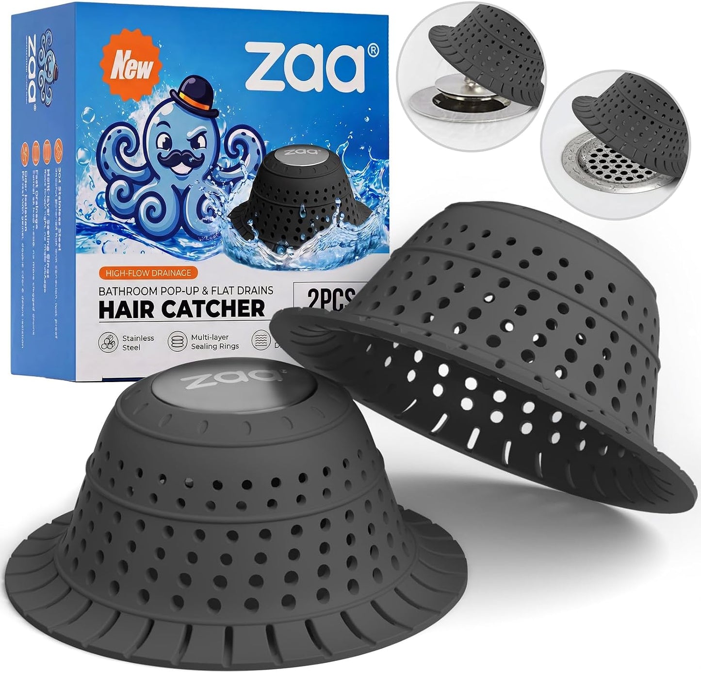 Shower Drain Hair Catcher Bathtub Drain Strainer Sink Drain Protector | Collapsible Pop-Up Drain Hair Catcher, Traps Hair & Prevents Clogs, Easy to Clean, Bathroom Fixture Accessories, Gray