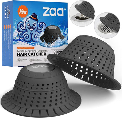 Shower Drain Hair Catcher Bathtub Drain Strainer Sink Drain Protector | Collapsible Pop-Up Drain Hair Catcher, Traps Hair & Prevents Clogs, Easy to Clean, Bathroom Fixture Accessories, Gray