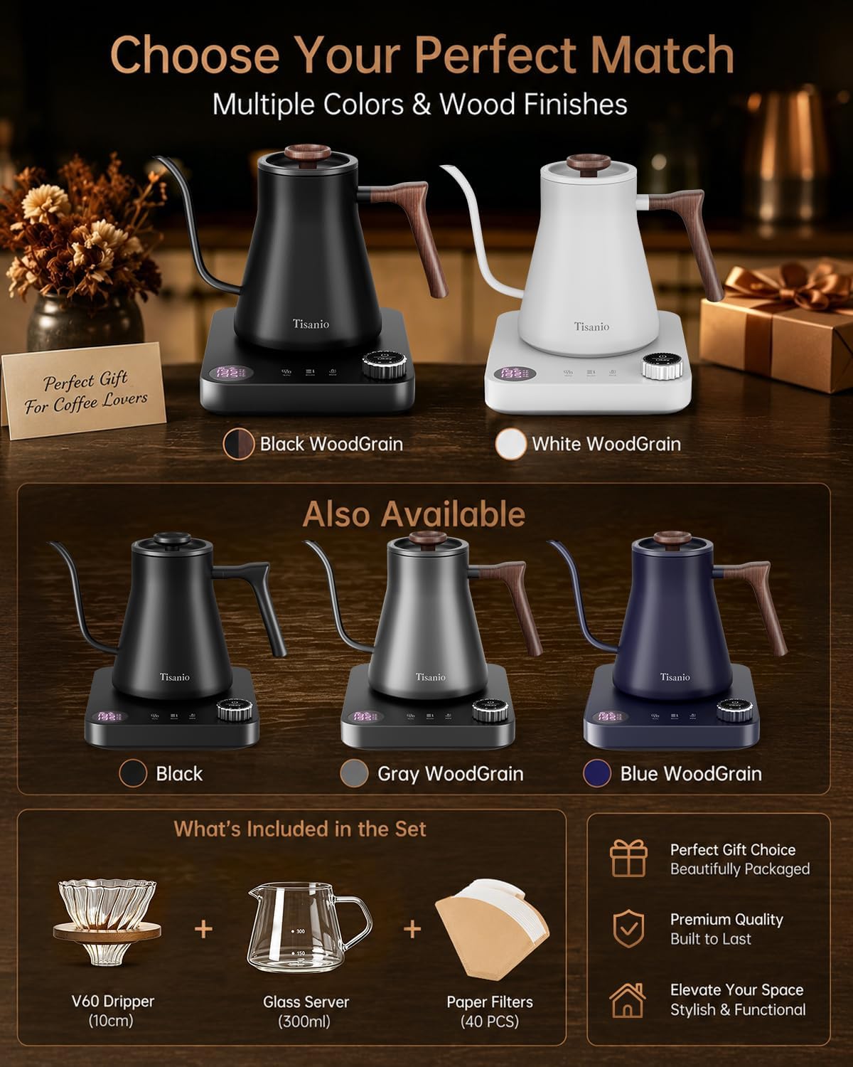 Gooseneck Electric Kettle with Temperature Control, 0.9L, Black | ±1°F Precision Pour Over Kettle, LCD Dual Display, Smart Two-Stage Heating, 2H Keep Warm, 304 Stainless Steel Interior