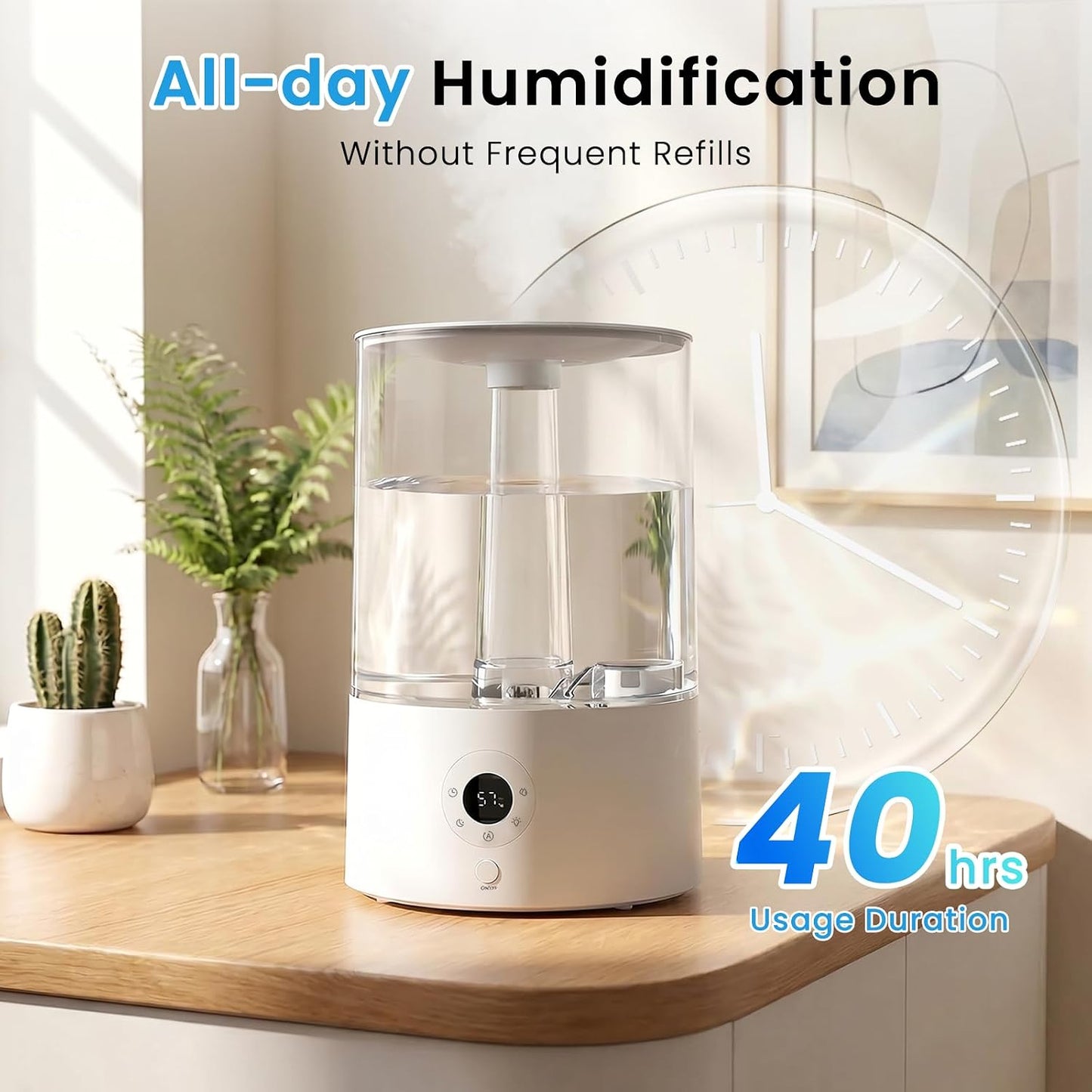 COWSAR Humidifier for Bedroom, 3L Top Fill Cool Mist Humidifier for Large Room, Easy to Fill & Clean, Quiet 22dB, Baby Humidifier, Nightlight, Timer/Sleep Mode, 360° Nozzle, Aromatherapy Tray, White
