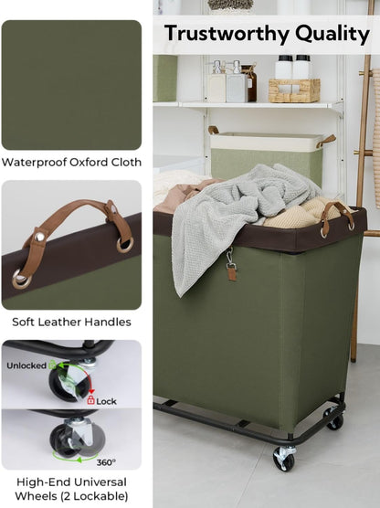 StorageWorks 160L Laundry Basket with Wheels, Rolling Hampers for Clothing | Beige Laundry Basket with Wheels, Metal Frame & Handles, Rolling Hamper for Bedroom, Bathroom, Dorm, Hotel