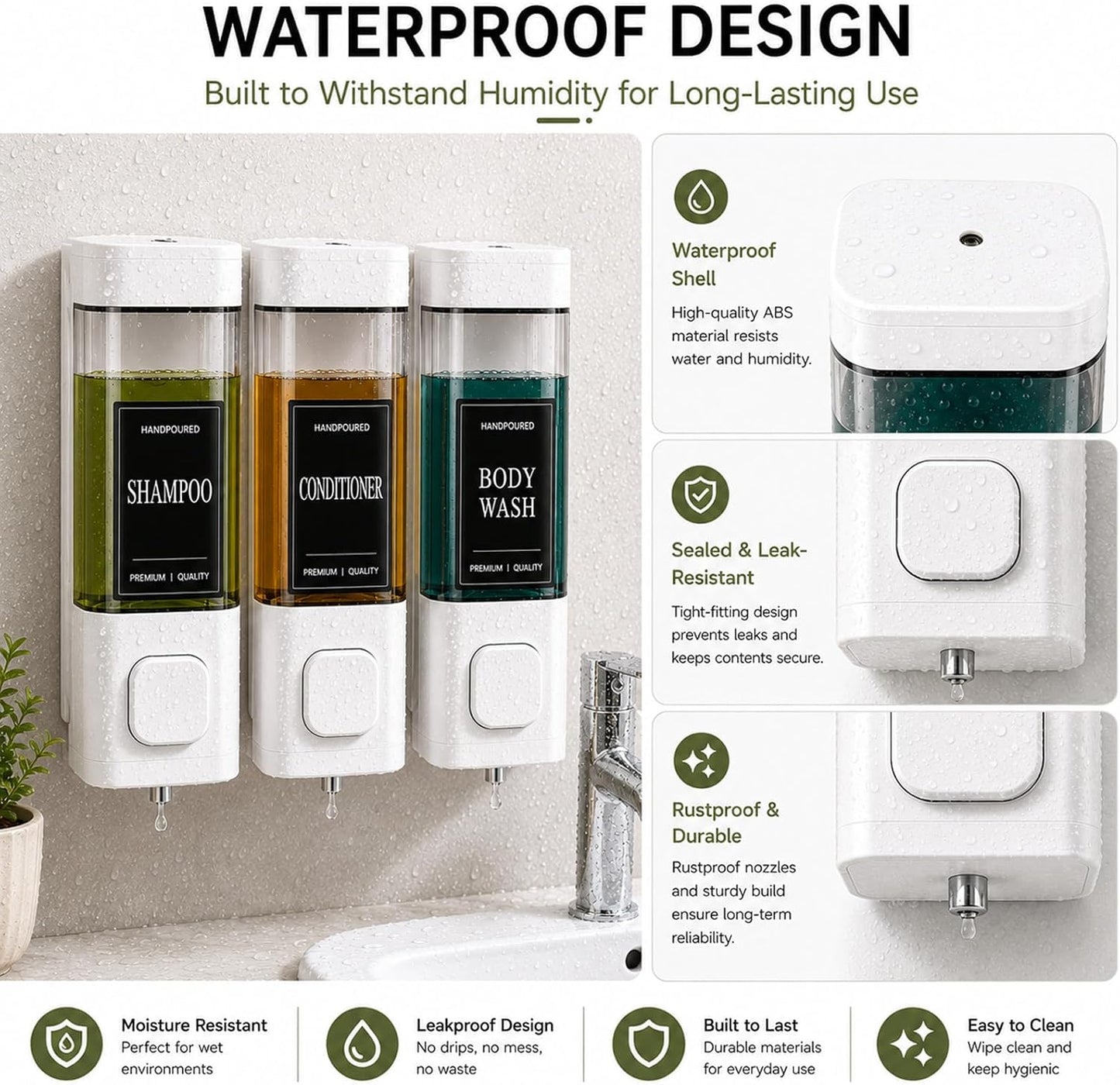 Shampoo and Conditioner Dispenser, Shower Soap Dispenser Wall Mounted, Shower Dispenser 3 Chamber No Drill for Bathroom Large Capacity (Silver)