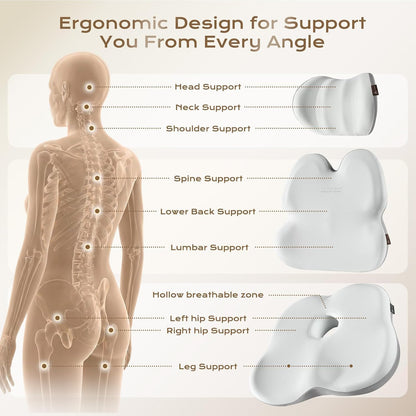 Coverado Lumbar Support Pillow and Seat Cushions for Office Chairs, Memory Foam Orthopedic Coccyx Cushion for Tailbone Pain Cushion Pillow & Back Pain Pressure Relief Seat Cushion Coffee&Beige